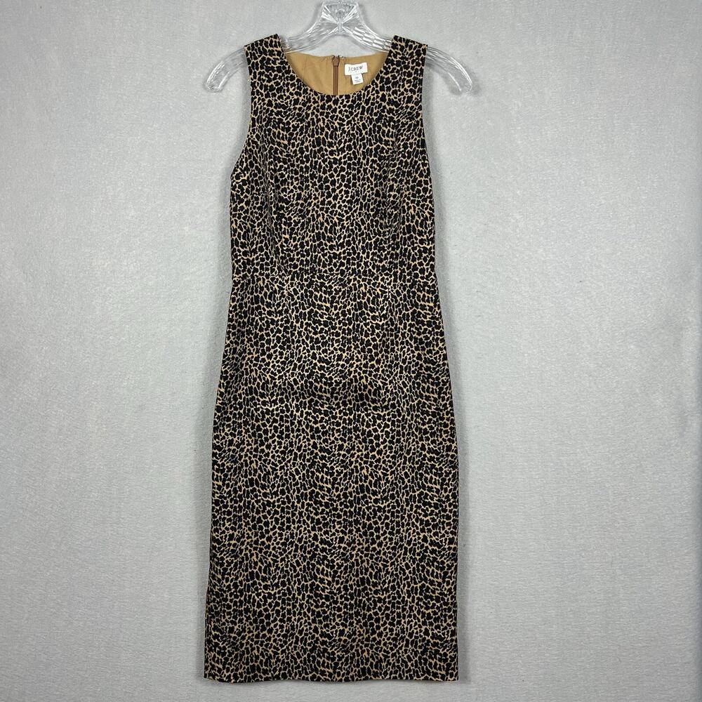 J.Crew Leopard Print Midi Dress Size 0 Sleeveless Fitted Back Slit